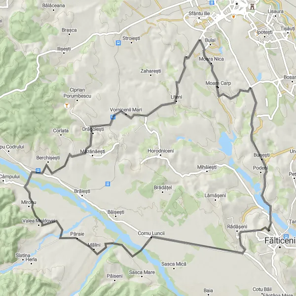 Map miniature of "Discover Vornicenii Mari on a Road Cycling Tour" cycling inspiration in Nord-Est, Romania. Generated by Tarmacs.app cycling route planner