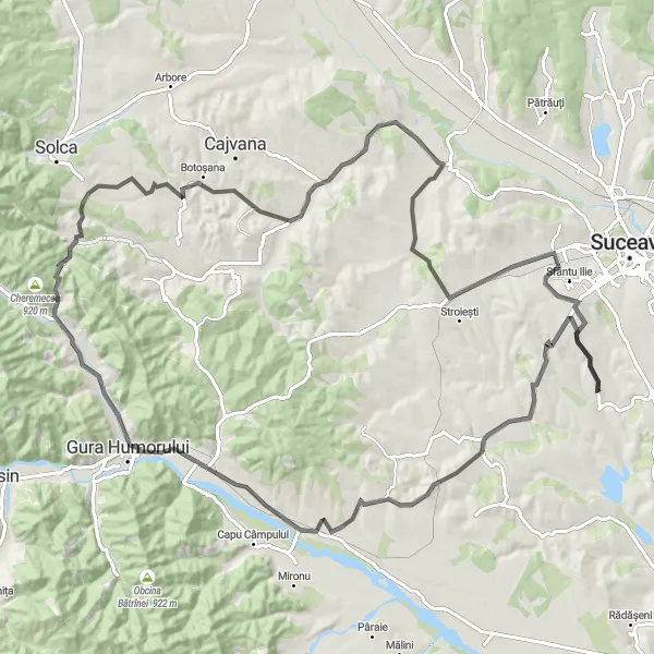 Map miniature of "Scenic Road Cycling Tour to Humor Monastery" cycling inspiration in Nord-Est, Romania. Generated by Tarmacs.app cycling route planner