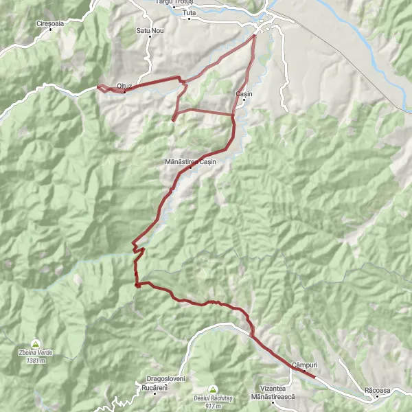 Map miniature of "Gravel Explorer" cycling inspiration in Nord-Est, Romania. Generated by Tarmacs.app cycling route planner