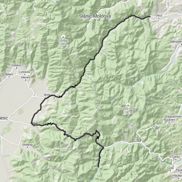 Map miniature of "Road to the Peaks" cycling inspiration in Nord-Est, Romania. Generated by Tarmacs.app cycling route planner