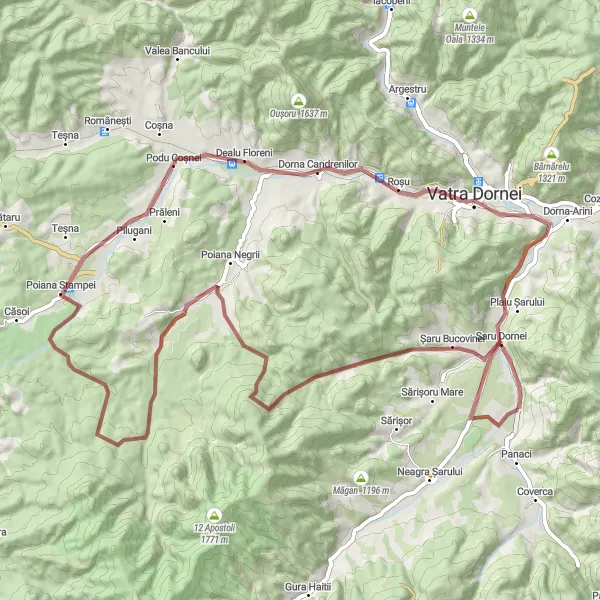 Map miniature of "Gravel Adventure through Scenic Landscapes" cycling inspiration in Nord-Est, Romania. Generated by Tarmacs.app cycling route planner