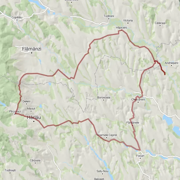 Map miniature of "Tranquil Gravel Escape" cycling inspiration in Nord-Est, Romania. Generated by Tarmacs.app cycling route planner