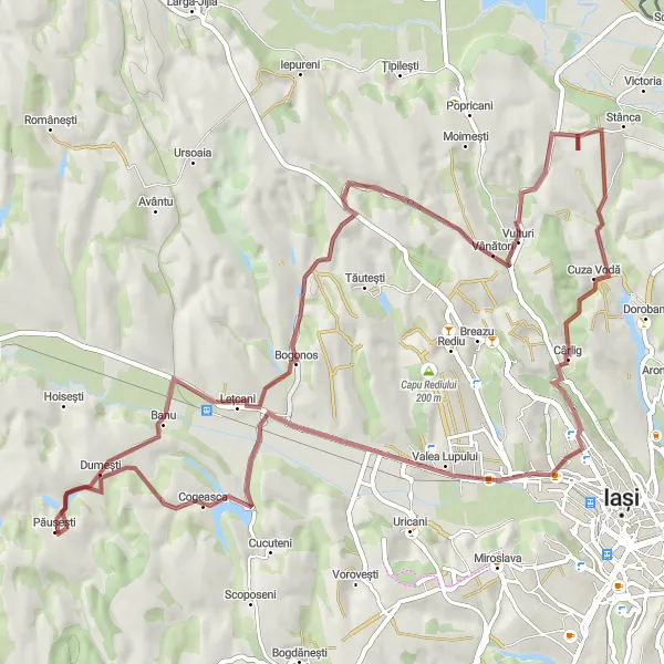 Map miniature of "Off-The-Beaten-Path Adventure in Păușești" cycling inspiration in Nord-Est, Romania. Generated by Tarmacs.app cycling route planner