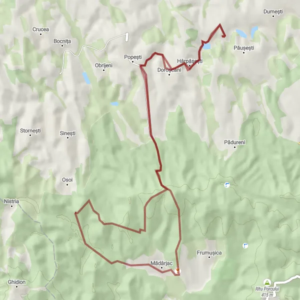 Map miniature of "Gravel Delights near Păușești" cycling inspiration in Nord-Est, Romania. Generated by Tarmacs.app cycling route planner