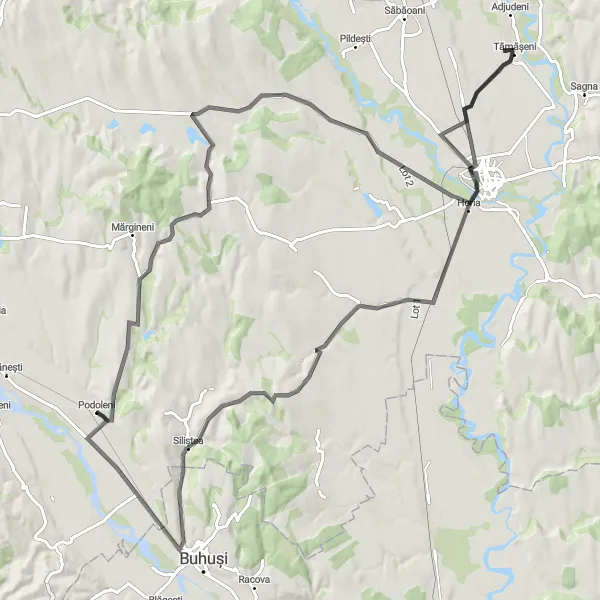 Map miniature of "Podoleni Round Trip - Road Bike" cycling inspiration in Nord-Est, Romania. Generated by Tarmacs.app cycling route planner