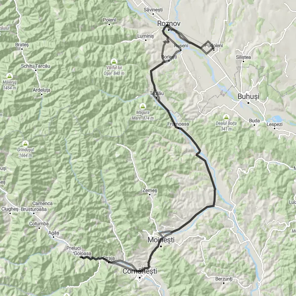 Map miniature of "The Ultimate Challenge" cycling inspiration in Nord-Est, Romania. Generated by Tarmacs.app cycling route planner