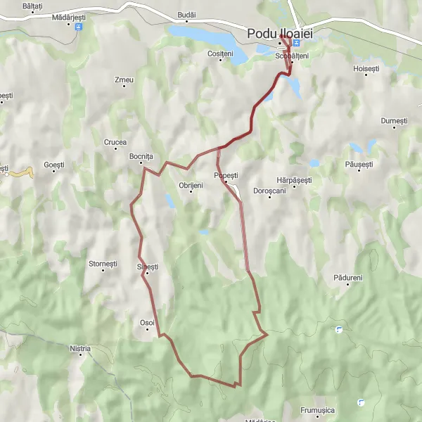 Map miniature of "Scobâlțeni Loop" cycling inspiration in Nord-Est, Romania. Generated by Tarmacs.app cycling route planner