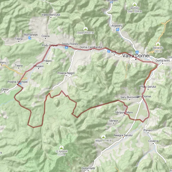 Map miniature of "Gravel Adventure in the Eastern Carpathians" cycling inspiration in Nord-Est, Romania. Generated by Tarmacs.app cycling route planner