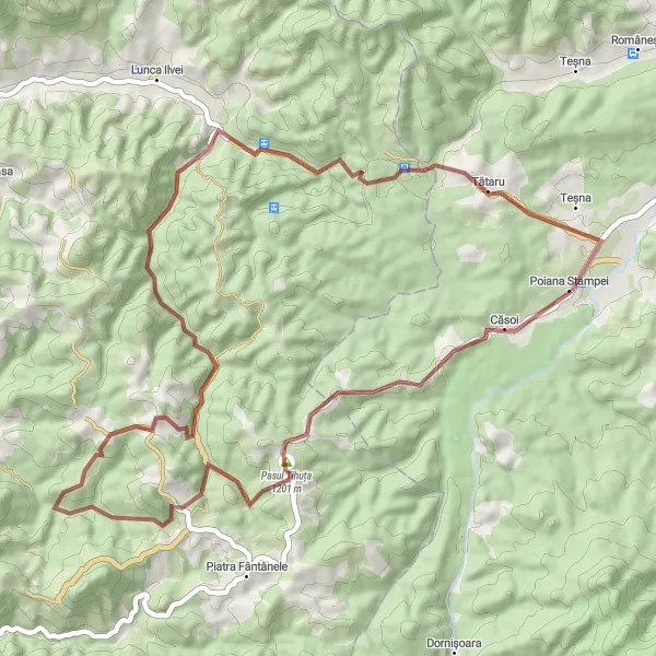 Map miniature of "The Gravel Adventure" cycling inspiration in Nord-Est, Romania. Generated by Tarmacs.app cycling route planner