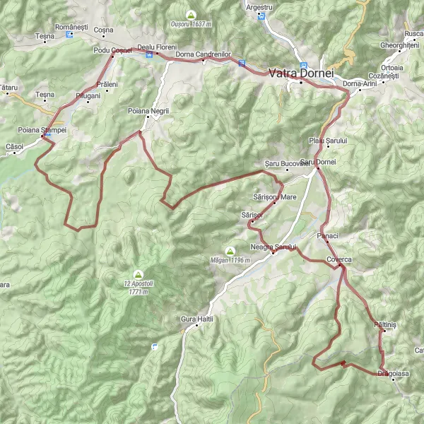 Map miniature of "The Coșnei Bridge and the Red Figure" cycling inspiration in Nord-Est, Romania. Generated by Tarmacs.app cycling route planner