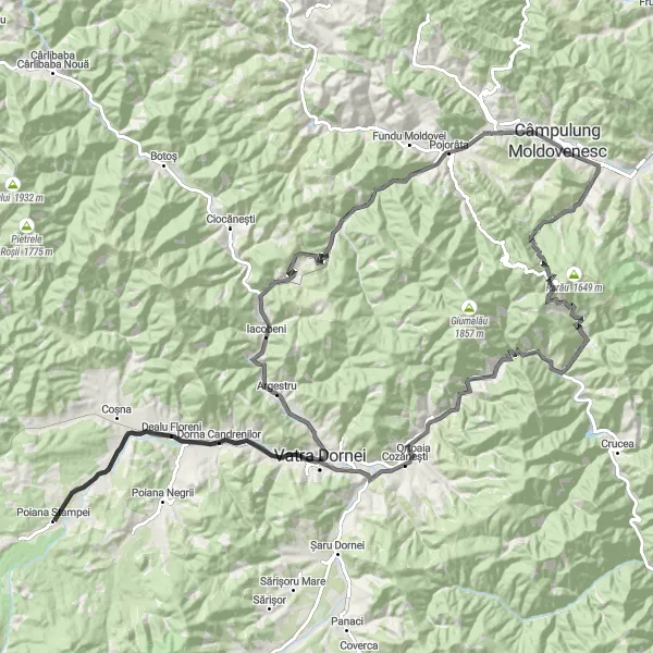 Map miniature of "The Challenge of Mestecăniș" cycling inspiration in Nord-Est, Romania. Generated by Tarmacs.app cycling route planner