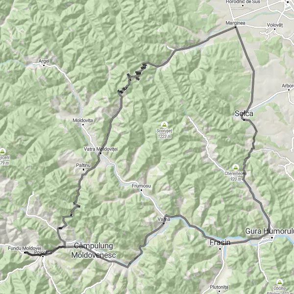 Map miniature of "Sadova and Câmpulung Moldovenesc Loop" cycling inspiration in Nord-Est, Romania. Generated by Tarmacs.app cycling route planner