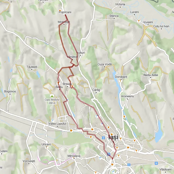 Map miniature of "Iași Explorer" cycling inspiration in Nord-Est, Romania. Generated by Tarmacs.app cycling route planner