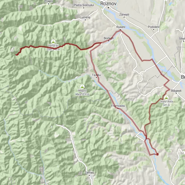 Map miniature of "Borlești Gravel Adventure" cycling inspiration in Nord-Est, Romania. Generated by Tarmacs.app cycling route planner