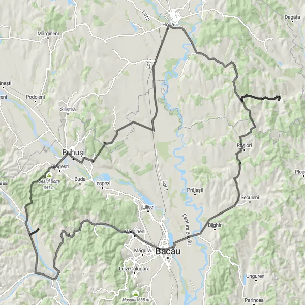 Map miniature of "The Onișcani Challenge" cycling inspiration in Nord-Est, Romania. Generated by Tarmacs.app cycling route planner