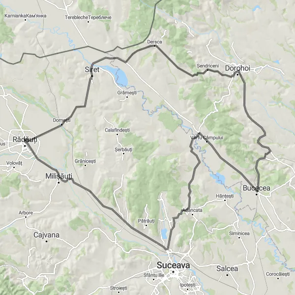 Map miniature of "Dornești Grand Loop" cycling inspiration in Nord-Est, Romania. Generated by Tarmacs.app cycling route planner