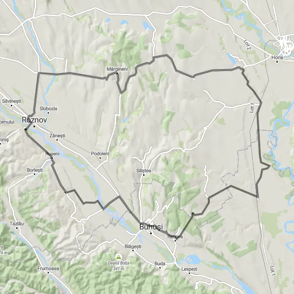 Map miniature of "Challenge the Hills" cycling inspiration in Nord-Est, Romania. Generated by Tarmacs.app cycling route planner