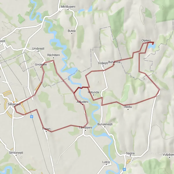 Map miniature of "Răchiteni Gravel Adventure" cycling inspiration in Nord-Est, Romania. Generated by Tarmacs.app cycling route planner