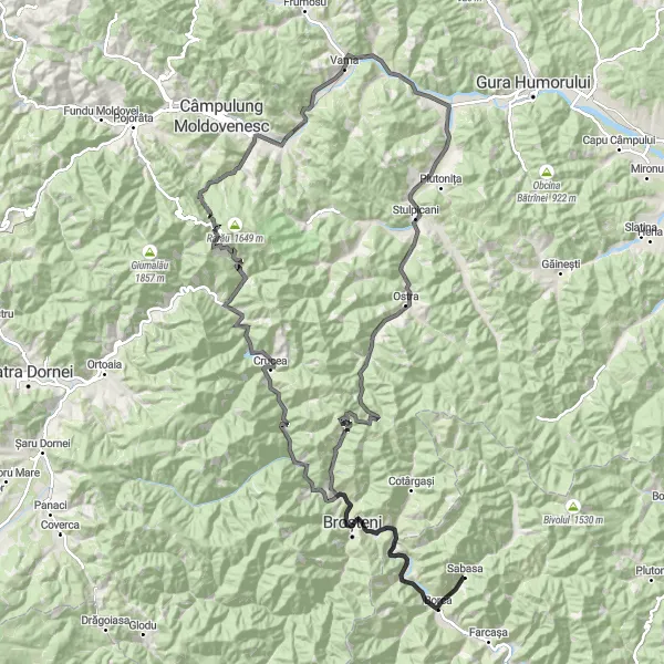 Map miniature of "Carpathian Crossing" cycling inspiration in Nord-Est, Romania. Generated by Tarmacs.app cycling route planner