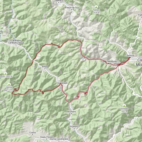 Map miniature of "Valea Putnei Gravel Adventure" cycling inspiration in Nord-Est, Romania. Generated by Tarmacs.app cycling route planner