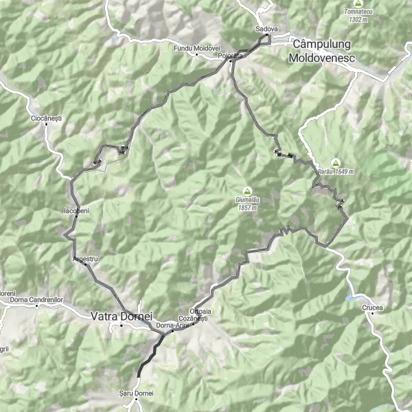 Map miniature of "Dorna-Arini Scenic Ride" cycling inspiration in Nord-Est, Romania. Generated by Tarmacs.app cycling route planner