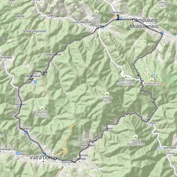 Map miniature of "Câmpulung Moldovenesc Scenic Ride" cycling inspiration in Nord-Est, Romania. Generated by Tarmacs.app cycling route planner