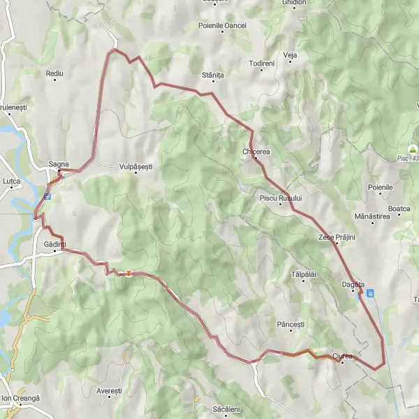 Map miniature of "Bira and Chicerea Gravel Cycling Route" cycling inspiration in Nord-Est, Romania. Generated by Tarmacs.app cycling route planner