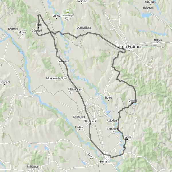 Map miniature of "Pașcani Escape" cycling inspiration in Nord-Est, Romania. Generated by Tarmacs.app cycling route planner