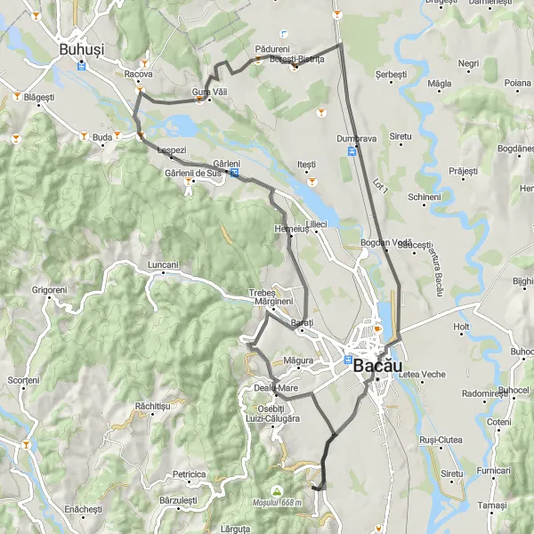 Map miniature of "Dumbrava Loop" cycling inspiration in Nord-Est, Romania. Generated by Tarmacs.app cycling route planner