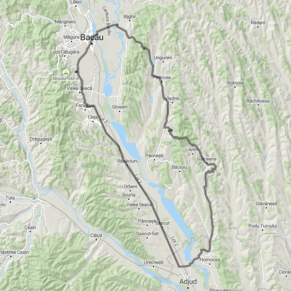 Map miniature of "Bacău and Beyond" cycling inspiration in Nord-Est, Romania. Generated by Tarmacs.app cycling route planner