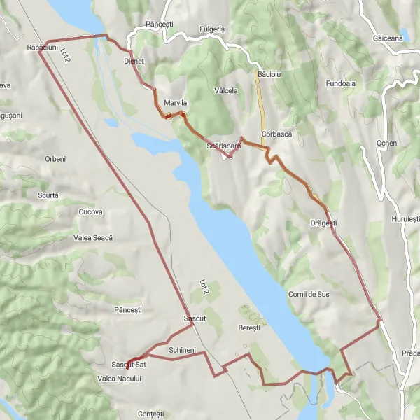 Map miniature of "Mini Gravel Adventure" cycling inspiration in Nord-Est, Romania. Generated by Tarmacs.app cycling route planner