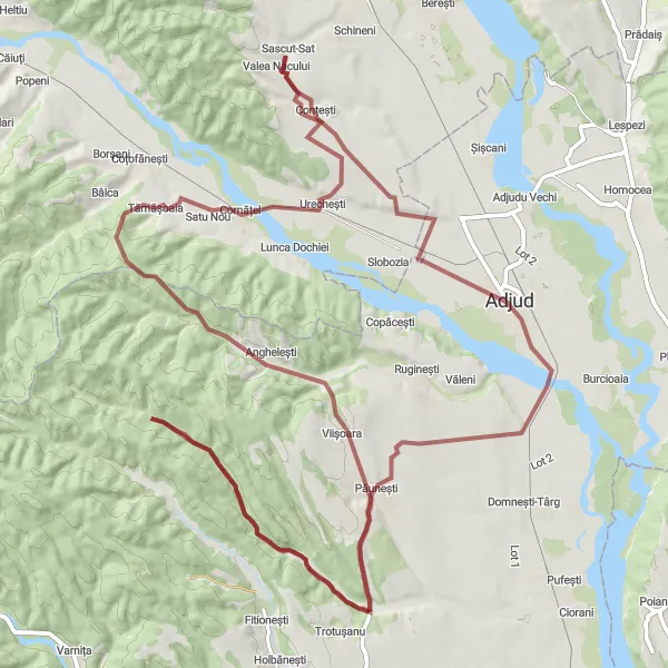 Map miniature of "Hills and Valleys" cycling inspiration in Nord-Est, Romania. Generated by Tarmacs.app cycling route planner