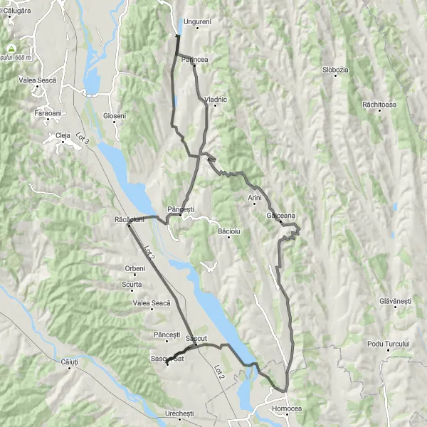 Map miniature of "Sascut-Sat Loop" cycling inspiration in Nord-Est, Romania. Generated by Tarmacs.app cycling route planner