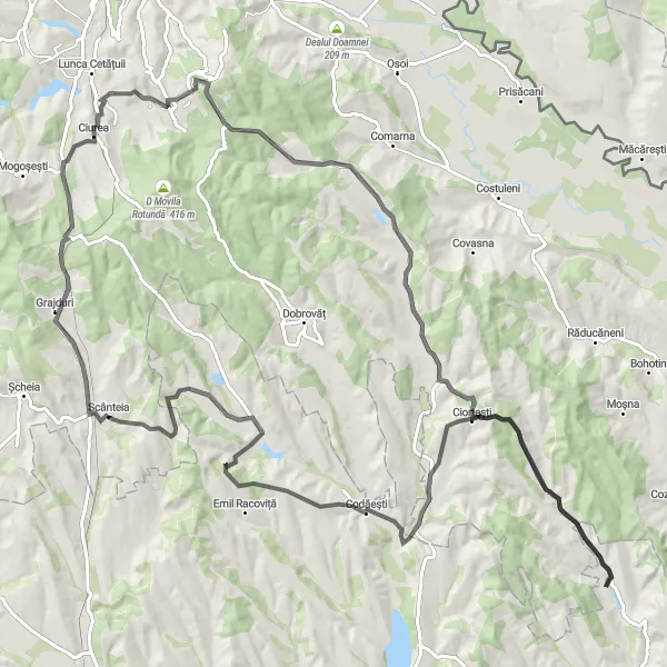 Map miniature of "Ciurea and Coropceni Road Route" cycling inspiration in Nord-Est, Romania. Generated by Tarmacs.app cycling route planner