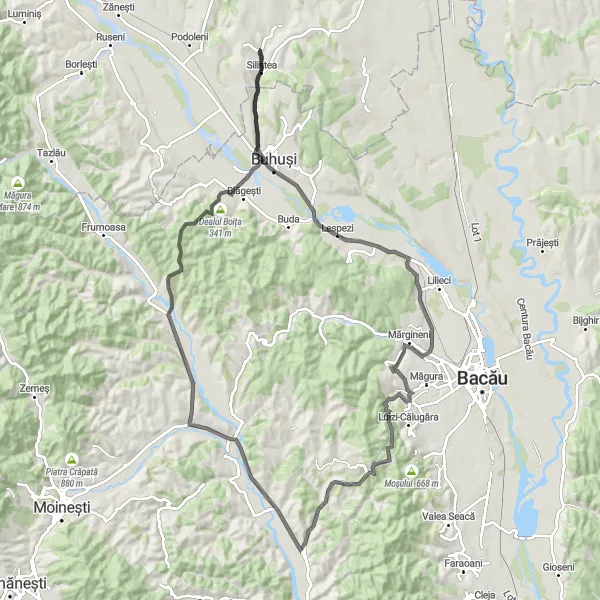 Map miniature of "The Hillside Adventure" cycling inspiration in Nord-Est, Romania. Generated by Tarmacs.app cycling route planner