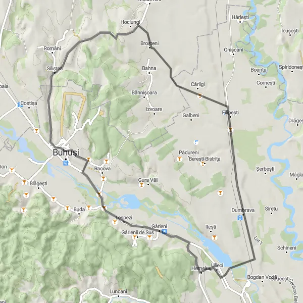 Map miniature of "The White Cliffs Tour" cycling inspiration in Nord-Est, Romania. Generated by Tarmacs.app cycling route planner