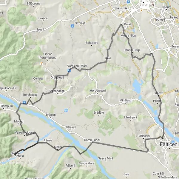Map miniature of "The Valley Ride" cycling inspiration in Nord-Est, Romania. Generated by Tarmacs.app cycling route planner