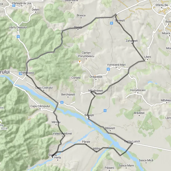 Map miniature of "The Western Circuit" cycling inspiration in Nord-Est, Romania. Generated by Tarmacs.app cycling route planner