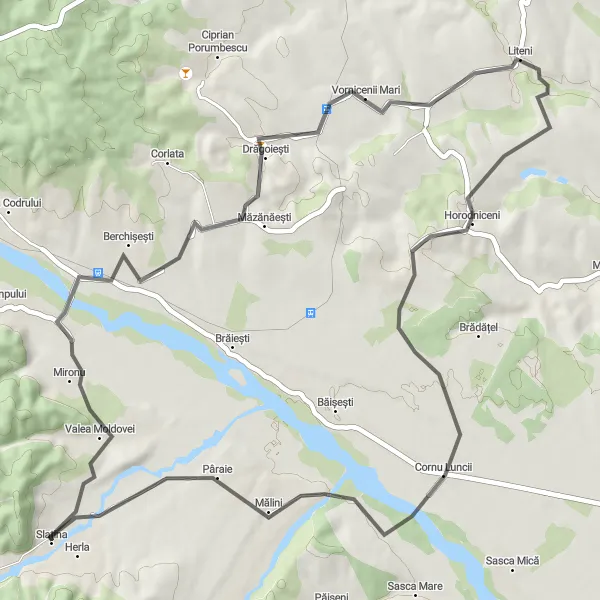 Map miniature of "Slatina to Vornicenii Mari Loop" cycling inspiration in Nord-Est, Romania. Generated by Tarmacs.app cycling route planner