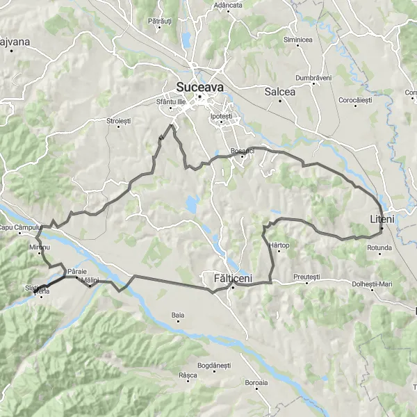 Map miniature of "Slatina to Valea Moldovei Loop" cycling inspiration in Nord-Est, Romania. Generated by Tarmacs.app cycling route planner