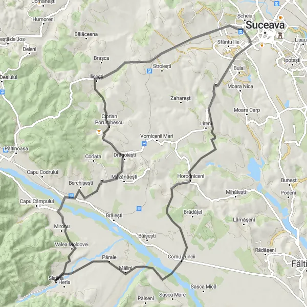 Map miniature of "The Mountain Challenge" cycling inspiration in Nord-Est, Romania. Generated by Tarmacs.app cycling route planner