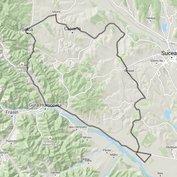 Map miniature of "Solca to Pleșa Loop via Cajvana" cycling inspiration in Nord-Est, Romania. Generated by Tarmacs.app cycling route planner