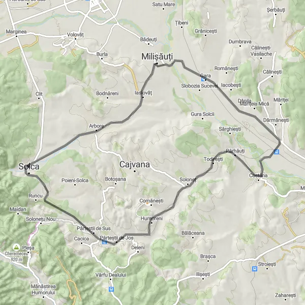 Map miniature of "Solca to Iaslovăț Round-trip Route" cycling inspiration in Nord-Est, Romania. Generated by Tarmacs.app cycling route planner