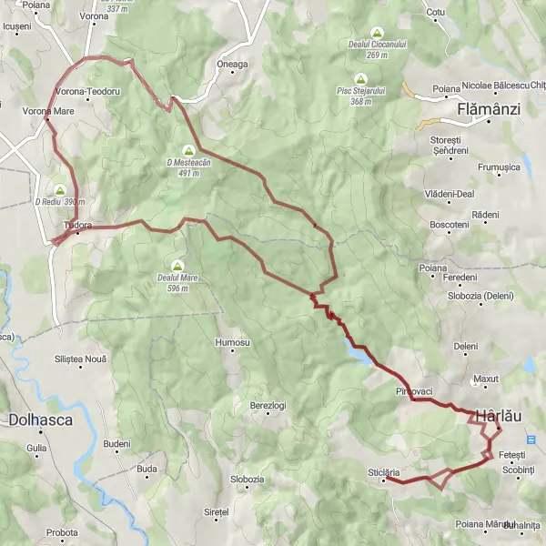 Map miniature of "Harlau - Coasta Șurii - D Mesteacăn - Balta Zăvoi" cycling inspiration in Nord-Est, Romania. Generated by Tarmacs.app cycling route planner