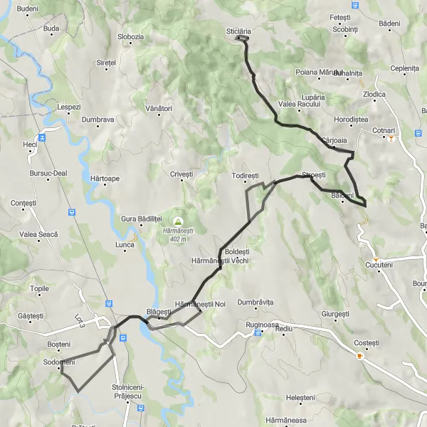 Map miniature of "Cârjoaia - Băiceni - Blăgești - Sodomeni" cycling inspiration in Nord-Est, Romania. Generated by Tarmacs.app cycling route planner