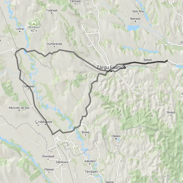 Map miniature of "Historical Towns and Serene Landscapes" cycling inspiration in Nord-Est, Romania. Generated by Tarmacs.app cycling route planner