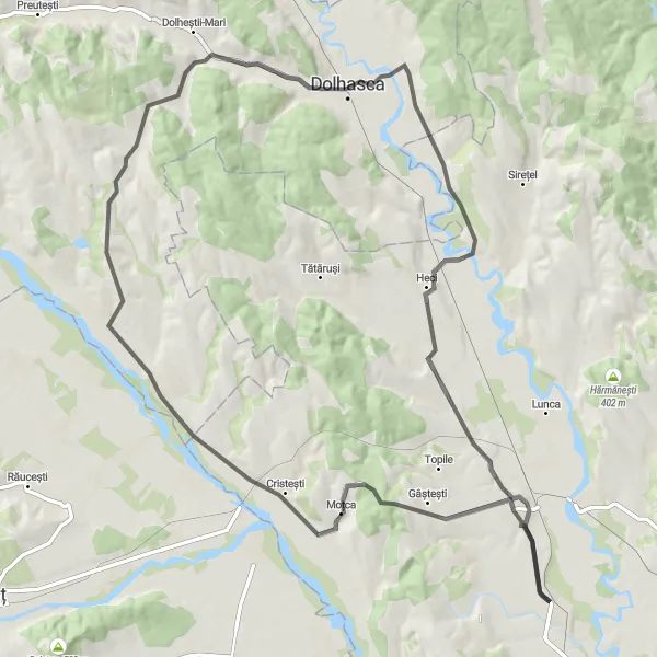 Map miniature of "Lespezi Exploration" cycling inspiration in Nord-Est, Romania. Generated by Tarmacs.app cycling route planner