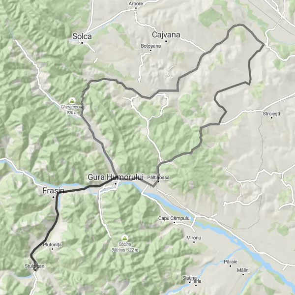 Map miniature of "Road Cycling Adventure: Stulpicani to Todirești" cycling inspiration in Nord-Est, Romania. Generated by Tarmacs.app cycling route planner