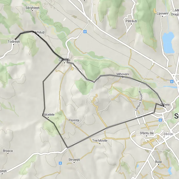 Map miniature of "Trei Movile Circuit" cycling inspiration in Nord-Est, Romania. Generated by Tarmacs.app cycling route planner