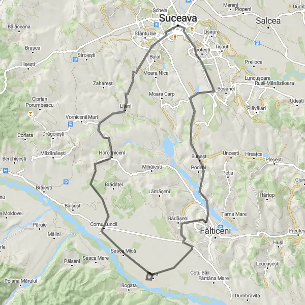 Map miniature of "Explore the Beauty of Bucovina" cycling inspiration in Nord-Est, Romania. Generated by Tarmacs.app cycling route planner